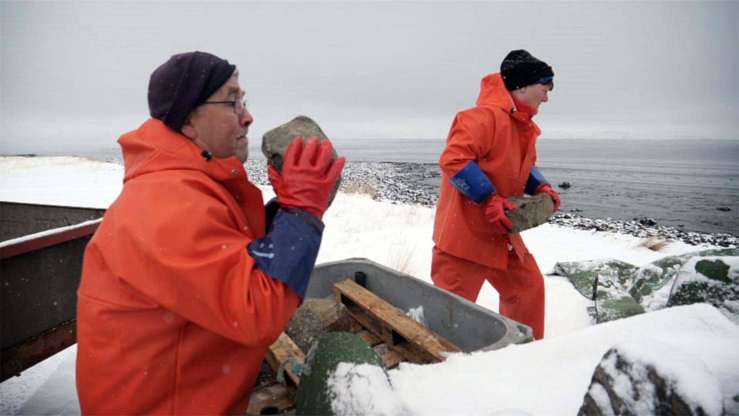 Two people throwing stones from a box where shark is being fermented.