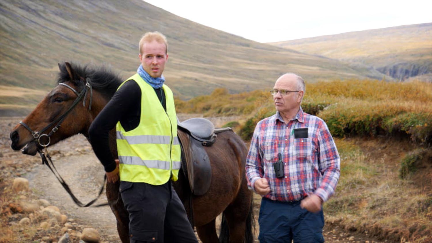 Two men and a horse taking a pause from driving the sheep down the valley.