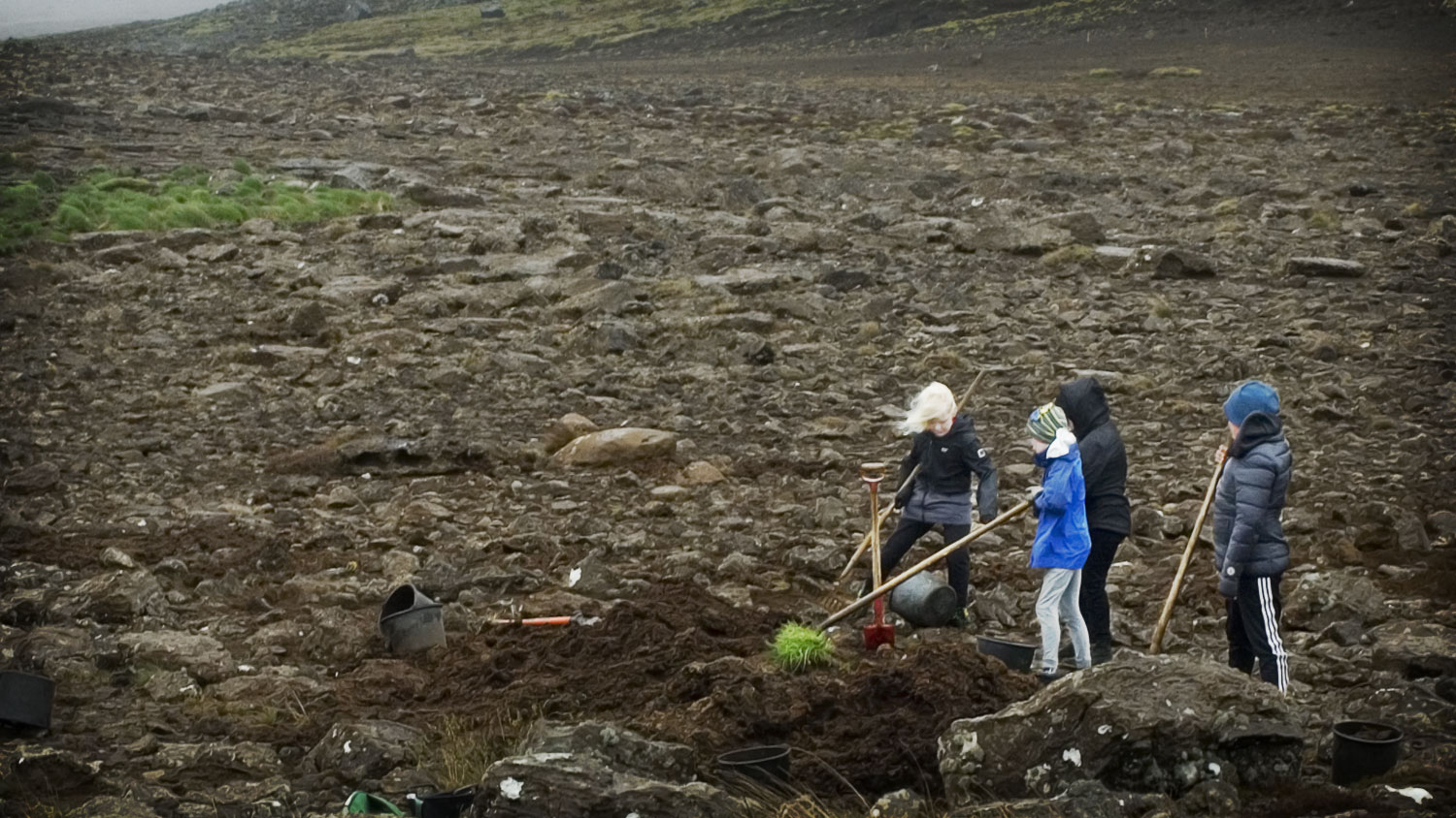 Four kids working on a stony field spreading fertilizer